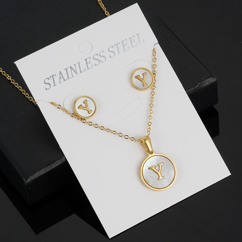 Simple Style Round Letter Stainless Steel Gold Plated Shell Earrings Necklace 3 Piece Set