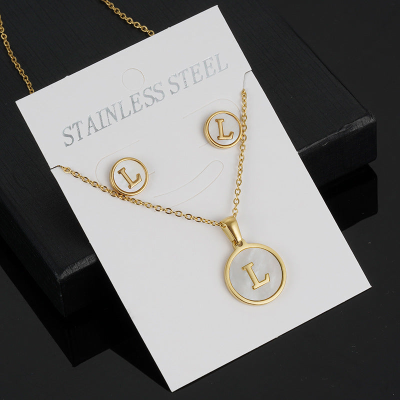 Simple Style Round Letter Stainless Steel Gold Plated Shell Earrings Necklace 3 Piece Set