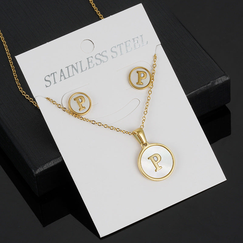 Simple Style Round Letter Stainless Steel Gold Plated Shell Earrings Necklace 3 Piece Set