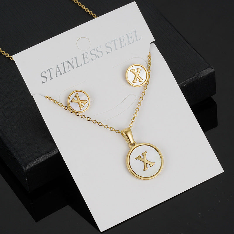 Simple Style Round Letter Stainless Steel Gold Plated Shell Earrings Necklace 3 Piece Set