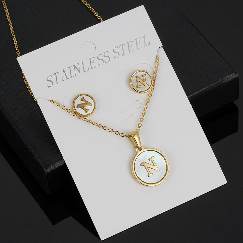 Simple Style Round Letter Stainless Steel Gold Plated Shell Earrings Necklace 3 Piece Set