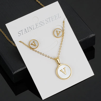 Simple Style Round Letter Stainless Steel Gold Plated Shell Earrings Necklace 3 Piece Set