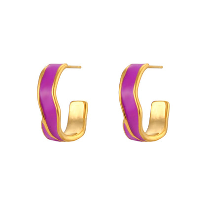 Fashion C Shape Enamel Plating Stainless Steel Gold Plated Hoop Earrings