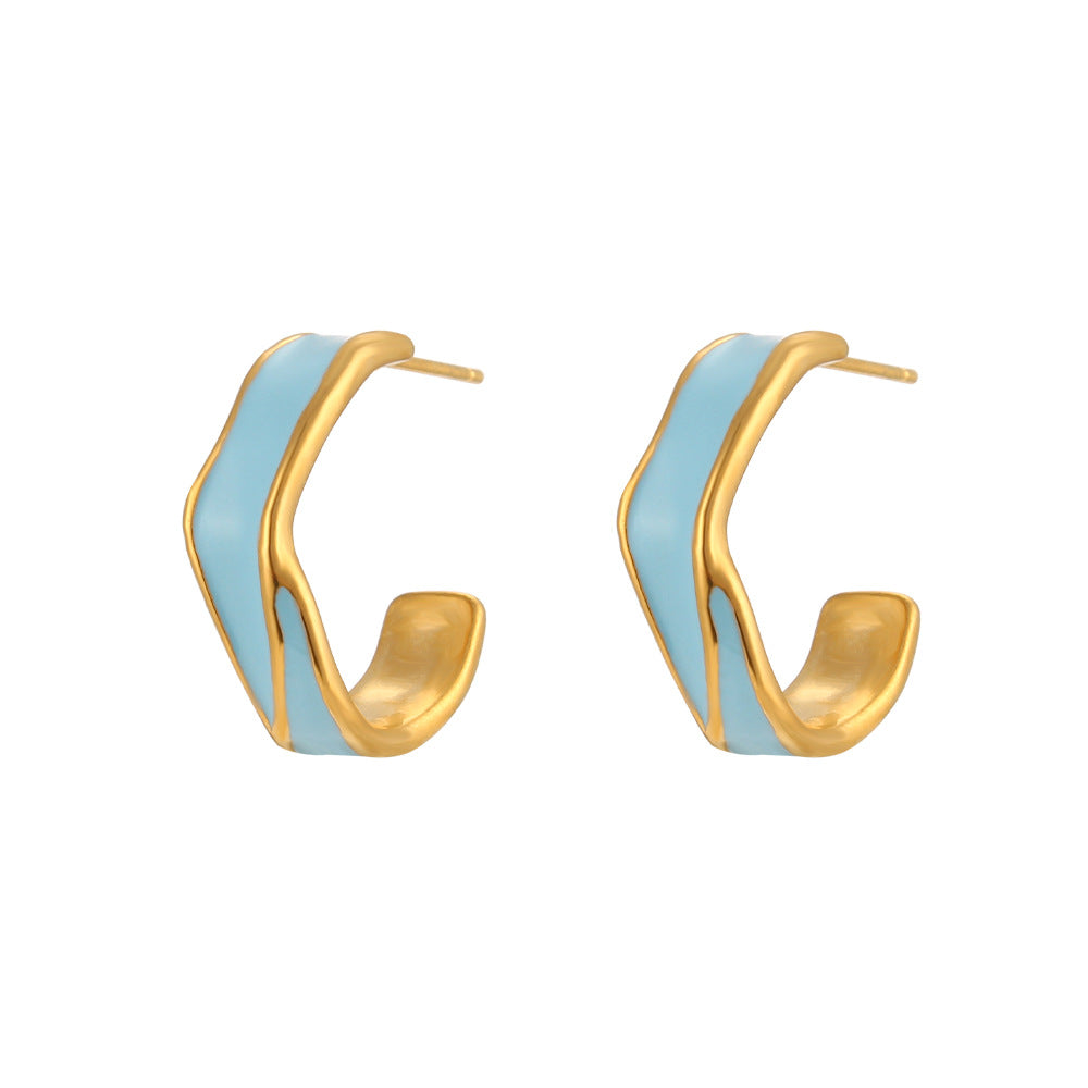 Fashion C Shape Enamel Plating Stainless Steel Gold Plated Hoop Earrings