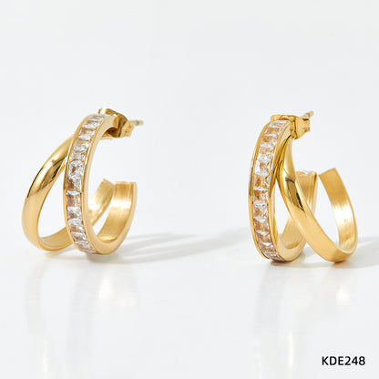 Fashion C Shape Inlay Stainless Steel Zircon Hoop Earrings