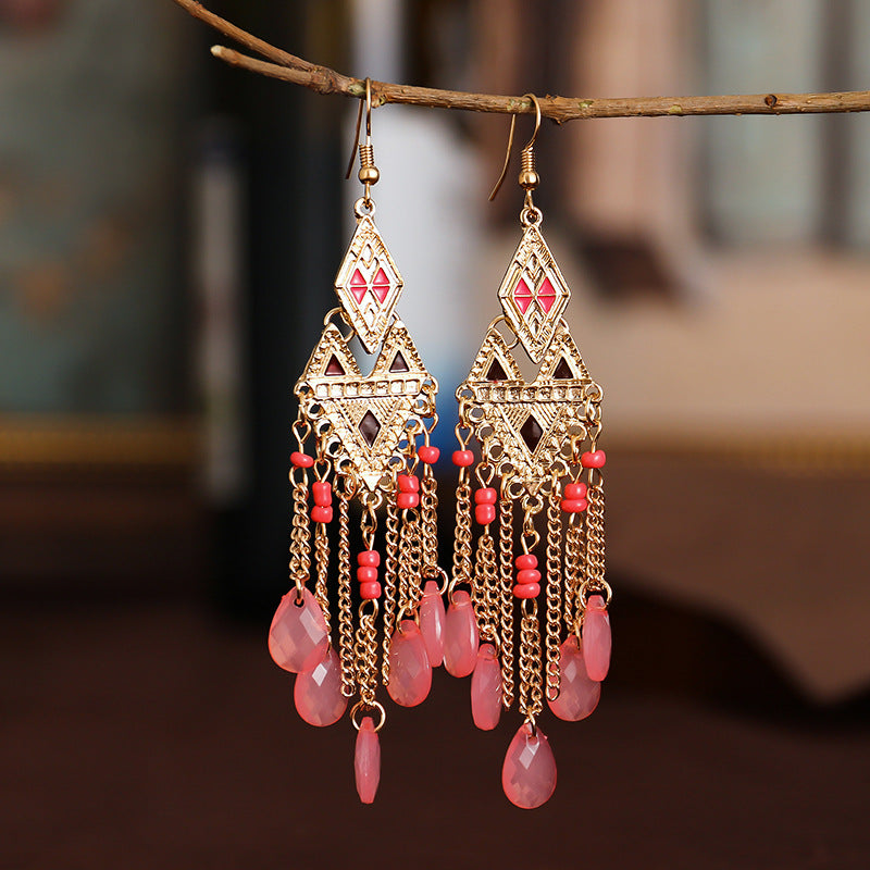 Creative New Rhombus Stitching Long Rice Bead Drop Earrings Wholesale