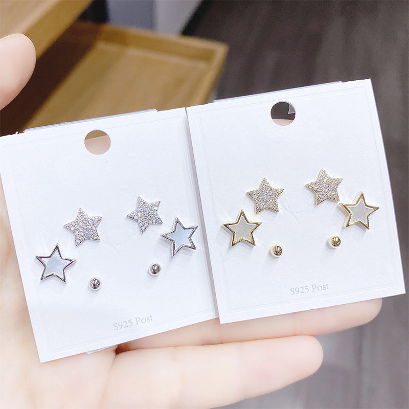 Fashion Pentagram Copper Ear Studs Inlay Zircon Copper Earrings 3 Pairs