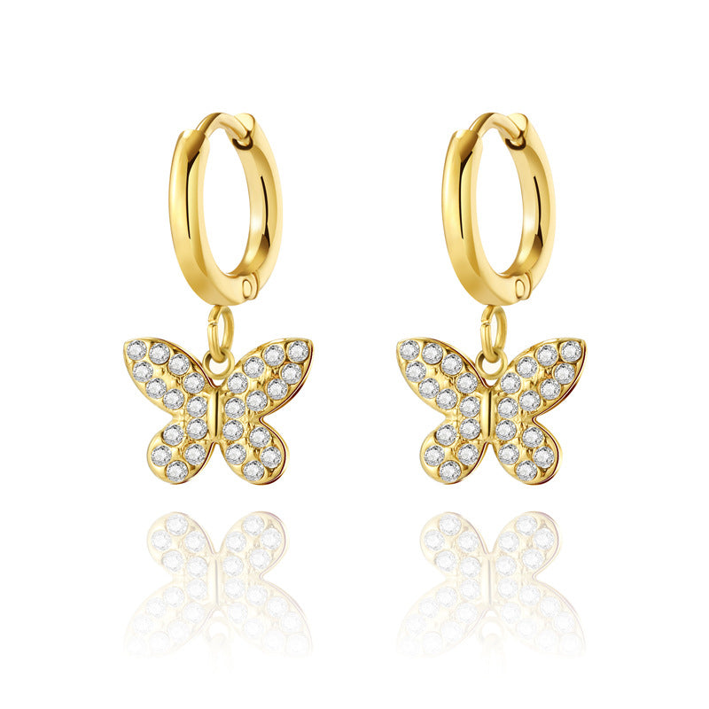 Fashion Butterfly Titanium Steel Drop Earrings Plating Inlay Artificial Diamond Stainless Steel Earrings