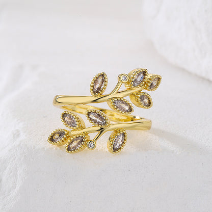 Fashion Leaf Copper Open Ring Gold Plated Zircon Copper Rings