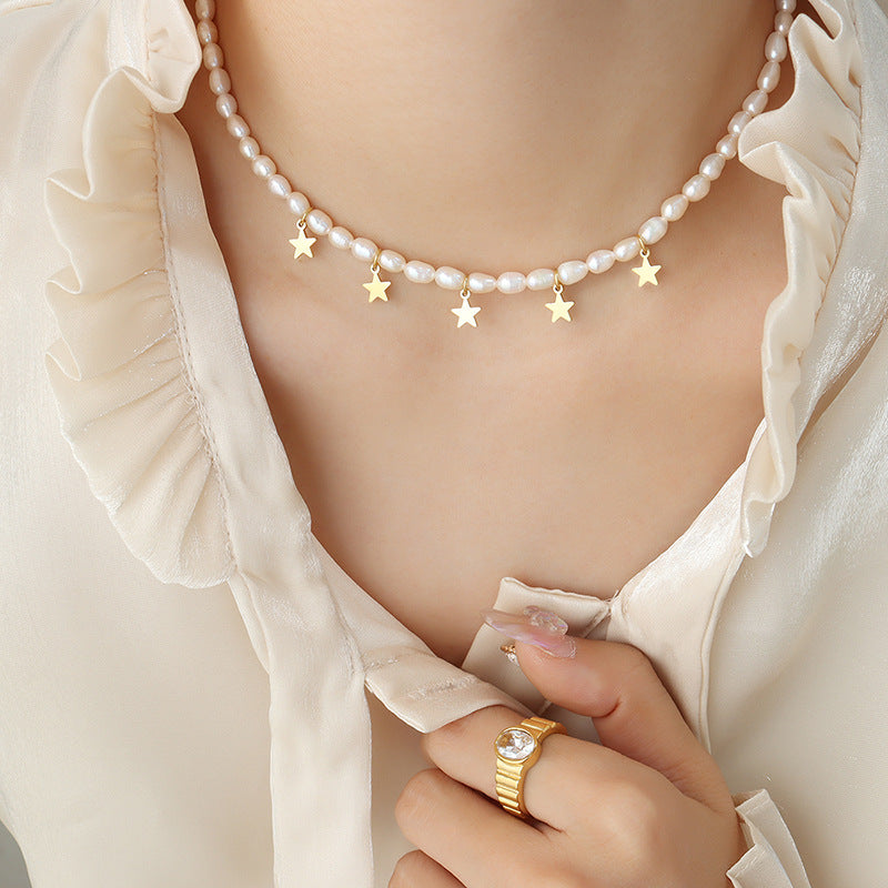 Fashion Star Pearl Titanium Steel Necklace