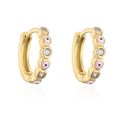 Fashion Devil's Eye Copper Enamel Gold Plated Zircon Hoop Earrings 1 Pair