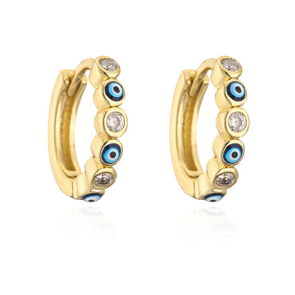 Fashion Devil's Eye Copper Enamel Gold Plated Zircon Hoop Earrings 1 Pair