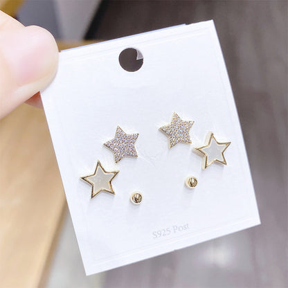 Fashion Pentagram Copper Ear Studs Inlay Zircon Copper Earrings 3 Pairs