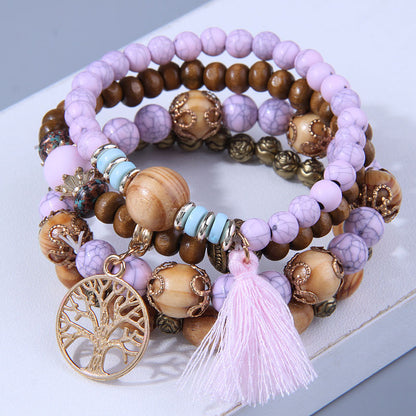 Bohemian Geometric Alloy Wood Beaded Bracelets 1 Set