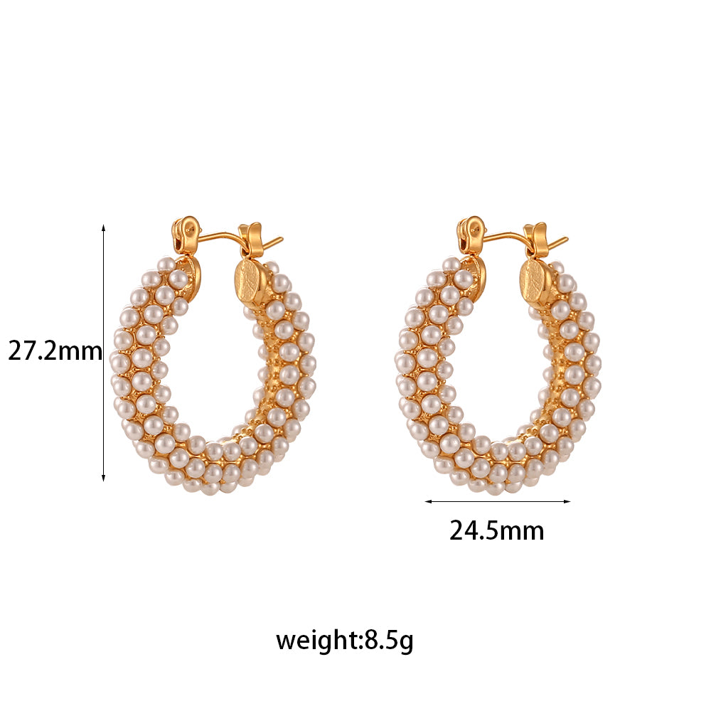 Fashion Geometric Stainless Steel Inlay Artificial Pearls Gold Plated Hoop Earrings 1 Pair