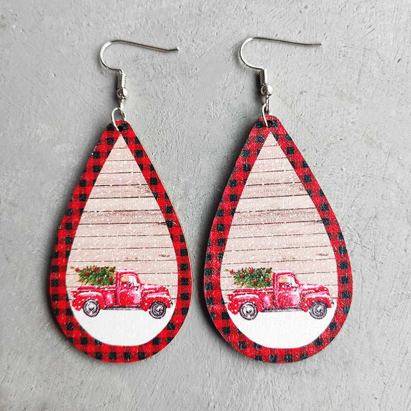 1 Pair Cute Christmas Tree Snowman Wood Drop Earrings