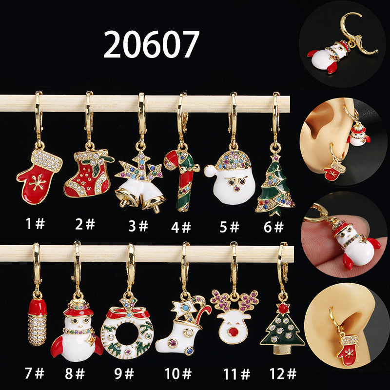 Cute Christmas Tree Santa Claus Christmas Socks Copper Enamel Plating Inlay Zircon Drop Earrings 1 Piece