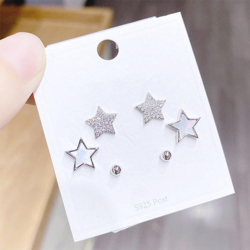 Fashion Pentagram Copper Ear Studs Inlay Zircon Copper Earrings 3 Pairs