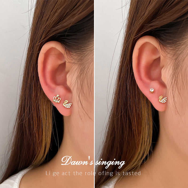 Simple Style Crown Bow Knot Alloy Plating Rhinestones Women's Ear Studs 3 Pairs