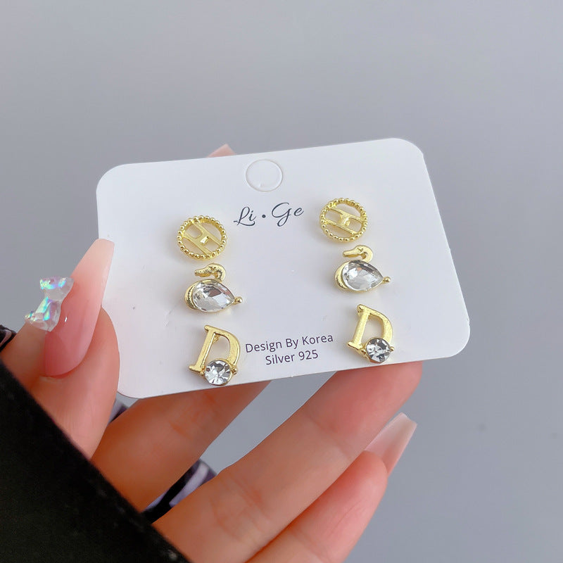 Simple Style Crown Bow Knot Alloy Plating Rhinestones Women's Ear Studs 3 Pairs