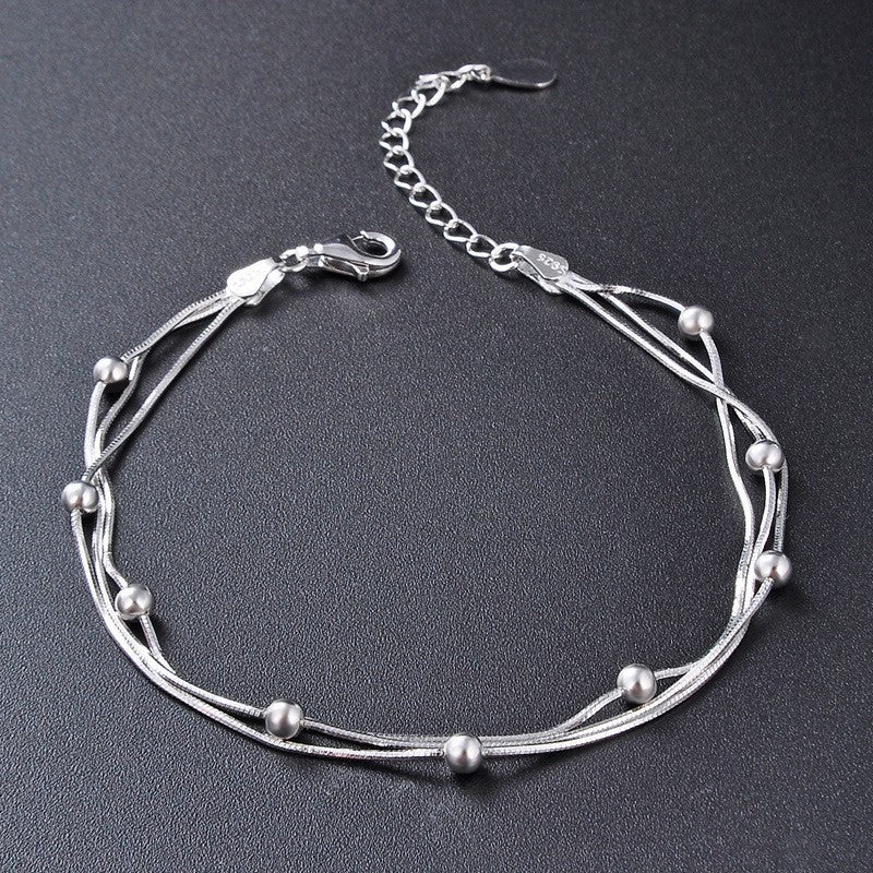 S925 Sterling Silver Beads Three-layer Fashion Jewelry Bracelet Korean Snake Bones Chain