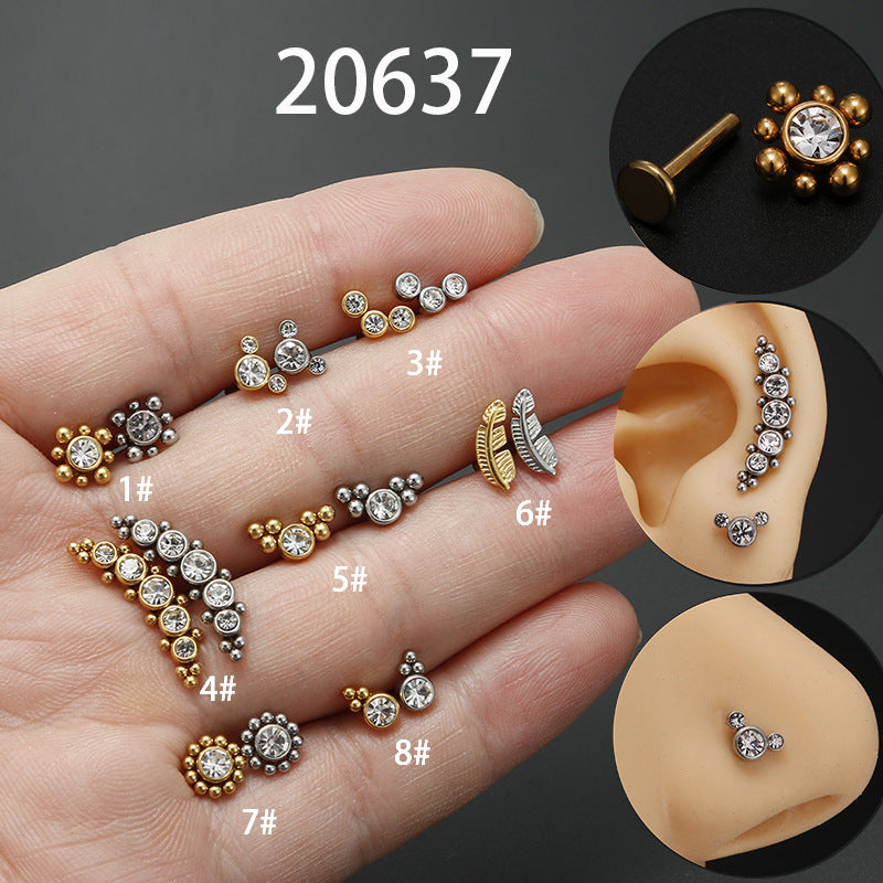 Fashion Leaf Round Stainless Steel Inlaid Zircon Eyebrow Nails Ear Studs 1 Piece