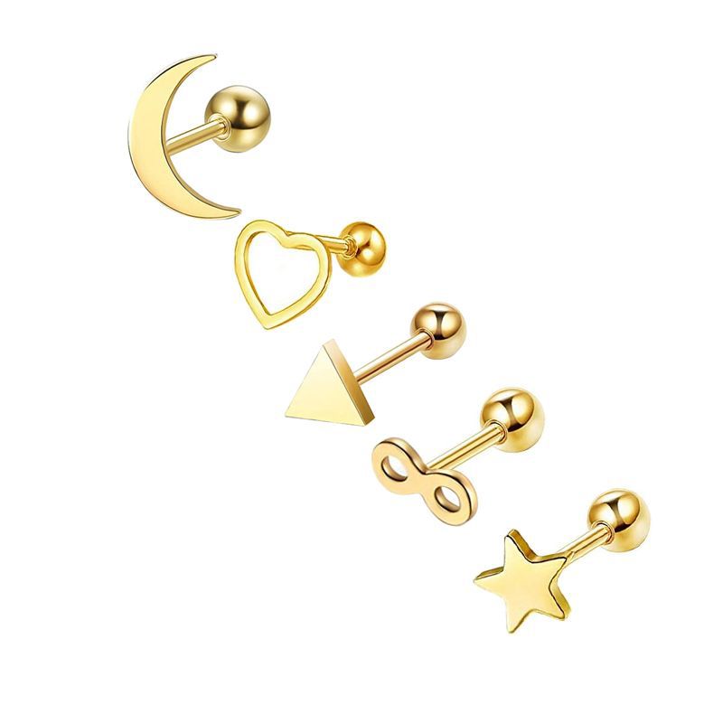 Simple Style Heart Shape Stainless Steel Plating Zircon Ear Studs 5 Piece Set