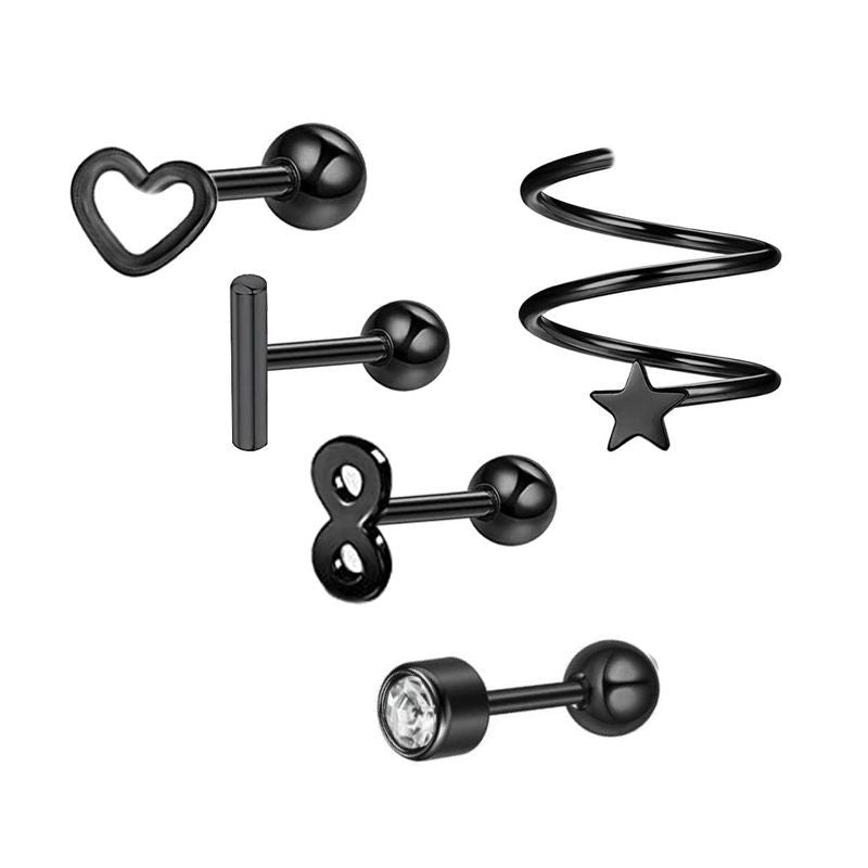 Simple Style Heart Shape Stainless Steel Plating Zircon Ear Studs 5 Piece Set