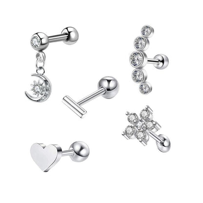 Simple Style Heart Shape Stainless Steel Plating Zircon Ear Studs 5 Piece Set