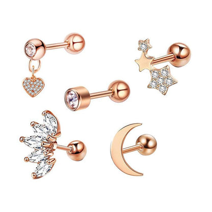 Simple Style Heart Shape Stainless Steel Plating Zircon Ear Studs 5 Piece Set