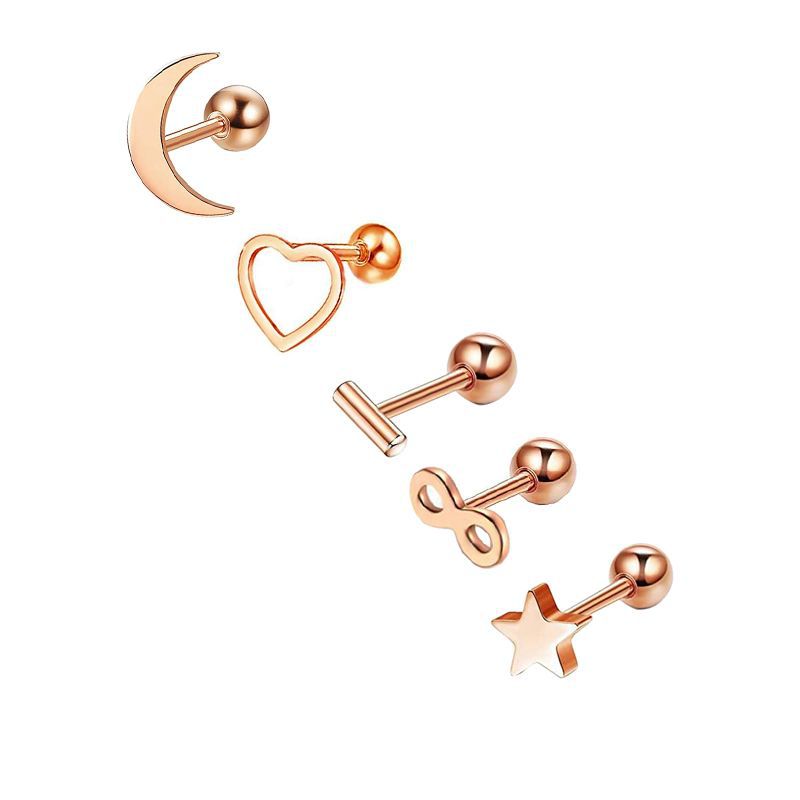 Simple Style Heart Shape Stainless Steel Plating Zircon Ear Studs 5 Piece Set