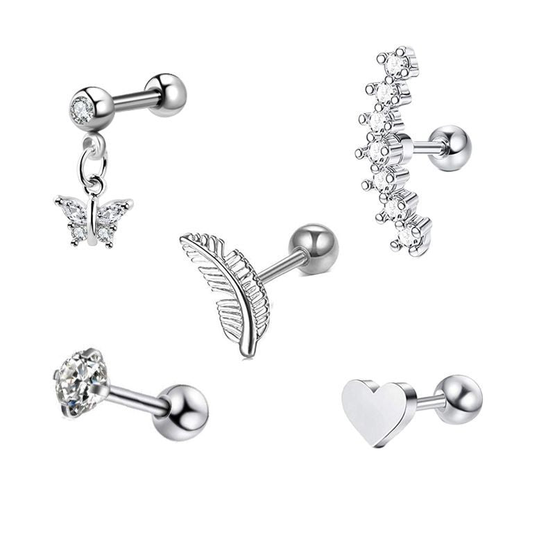 Simple Style Heart Shape Stainless Steel Plating Zircon Ear Studs 5 Piece Set