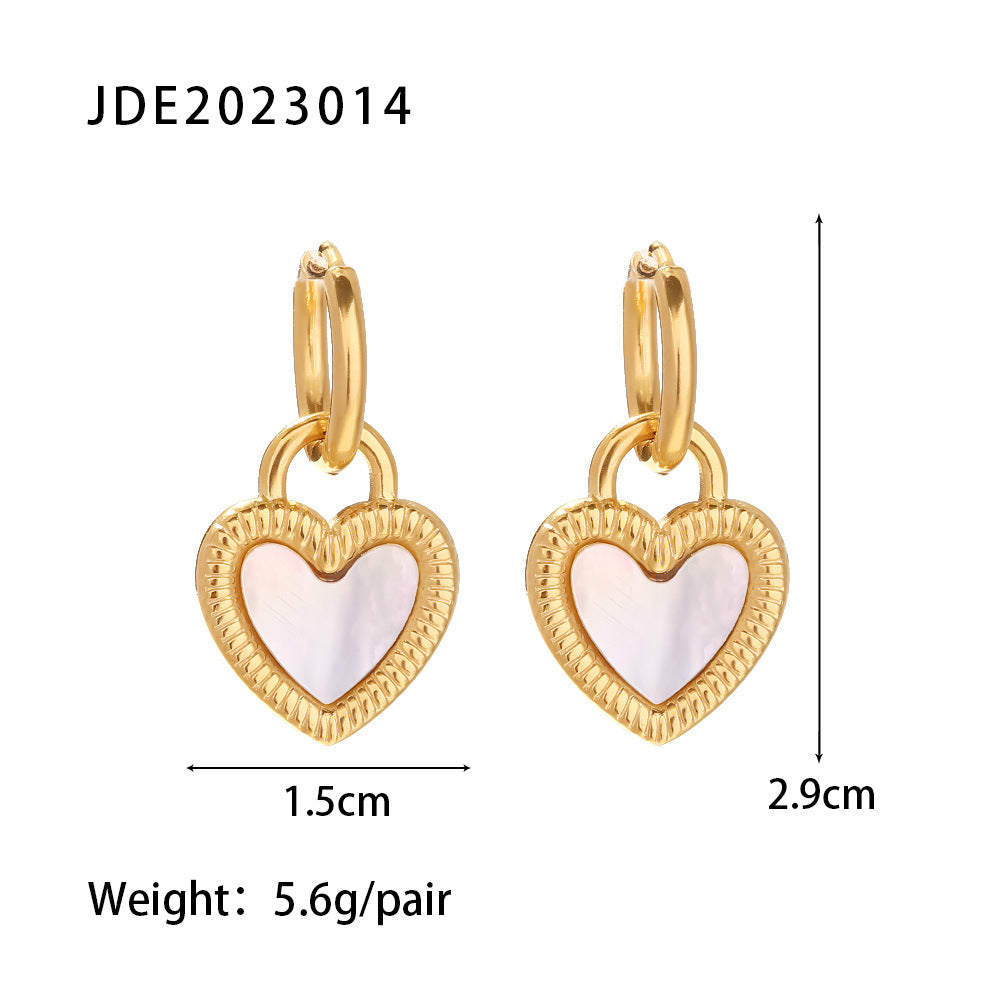 Fashion Heart Shape Stainless Steel Inlay Shell Drop Earrings 1 Pair