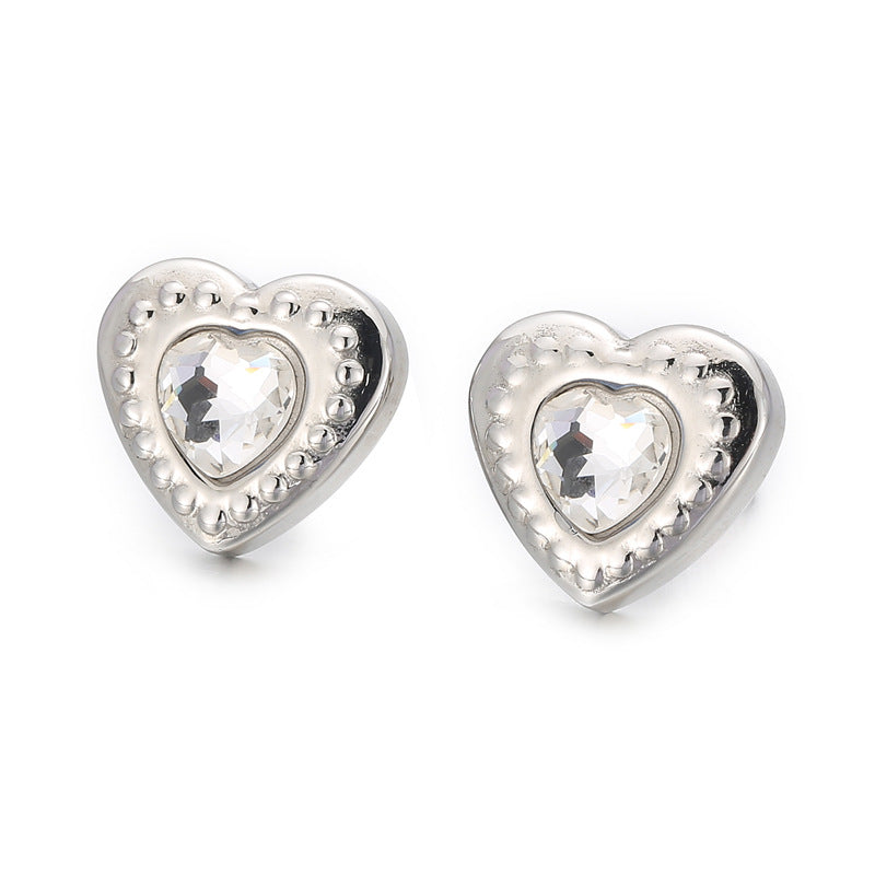 Fashion Heart Shape Titanium Steel Plating Inlay Glass Ear Studs 1 Pair