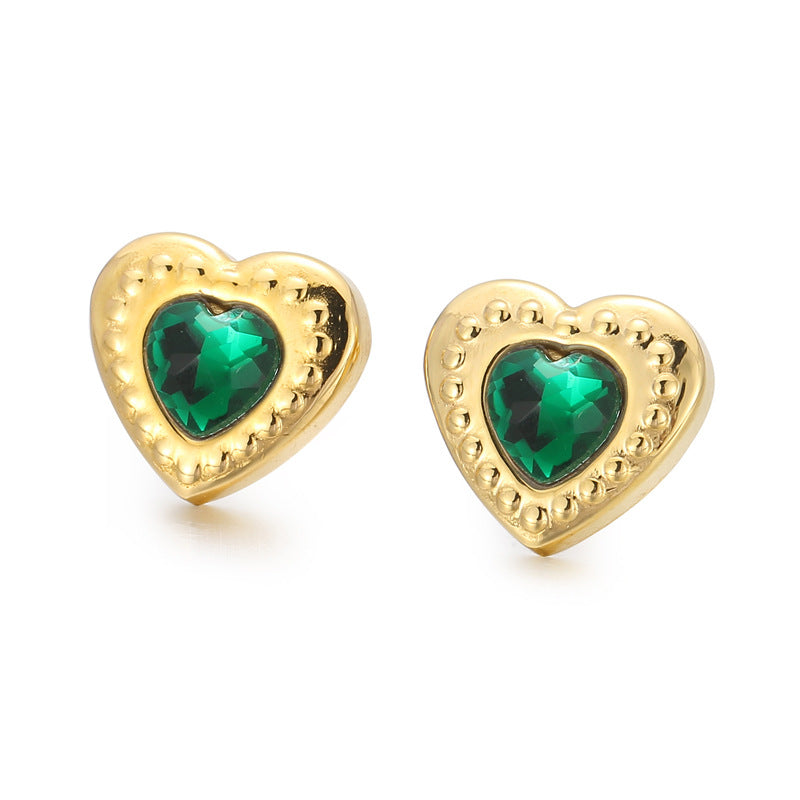 Fashion Heart Shape Titanium Steel Plating Inlay Glass Ear Studs 1 Pair