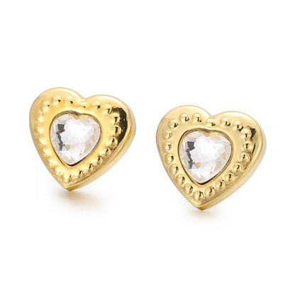 Fashion Heart Shape Titanium Steel Plating Inlay Glass Ear Studs 1 Pair