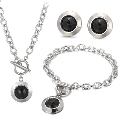 Fashion Round Stainless Steel Plating Inlay Artificial Gemstones Bracelets Earrings Necklace 1 Set