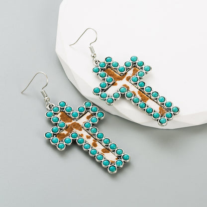 Retro Cross Leopard Alloy Inlay Turquoise Women's Ear Hook 1 Pair