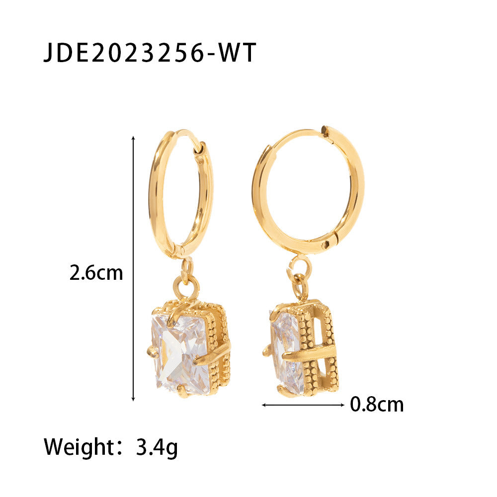 Retro Geometric Stainless Steel Inlaid Zircon Drop Earrings 1 Pair