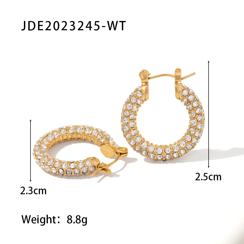 Retro Geometric Stainless Steel Inlaid Zircon Hoop Earrings 1 Pair