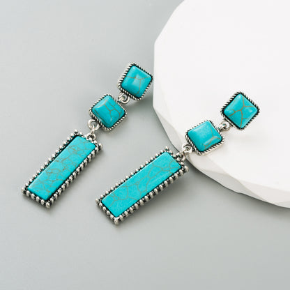 Ethnic Style Square Rectangle Alloy Inlay Turquoise Women's Drop Earrings 1 Pair