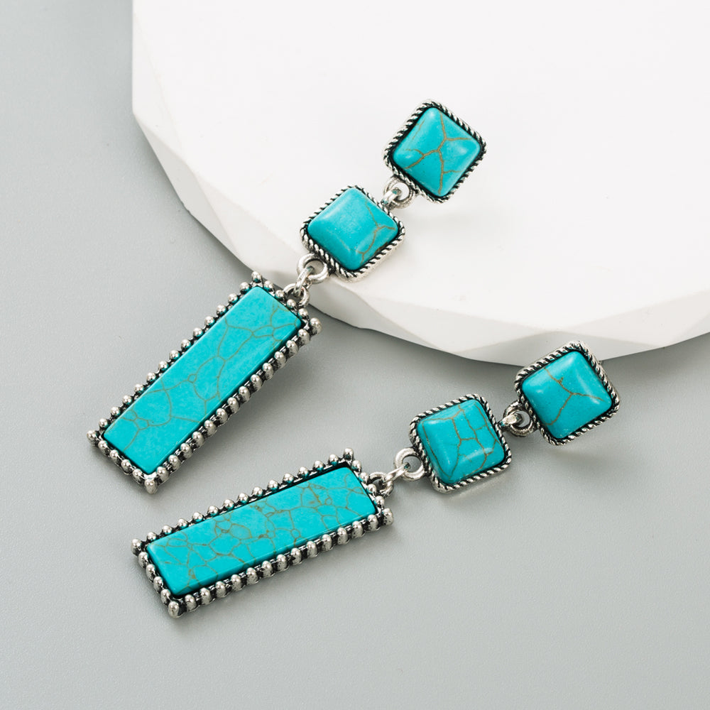 Ethnic Style Square Rectangle Alloy Inlay Turquoise Women's Drop Earrings 1 Pair