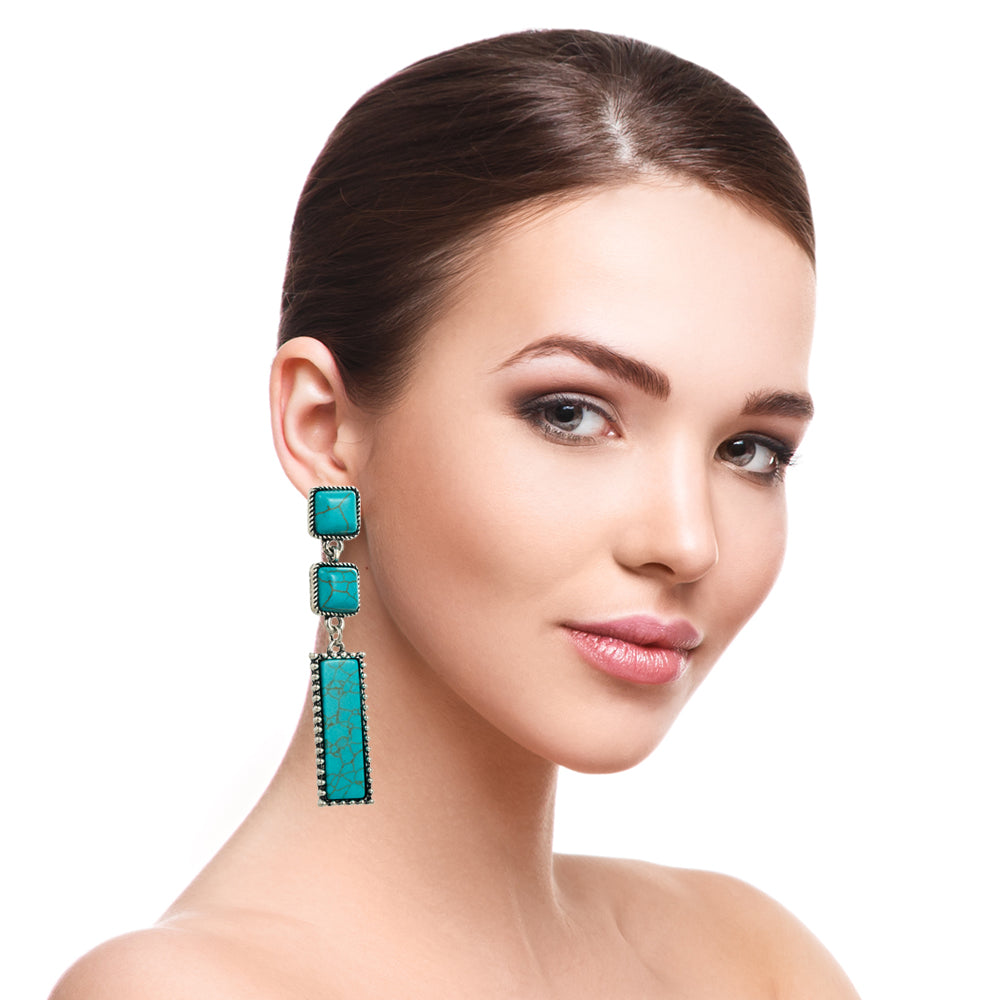 Ethnic Style Square Rectangle Alloy Inlay Turquoise Women's Drop Earrings 1 Pair