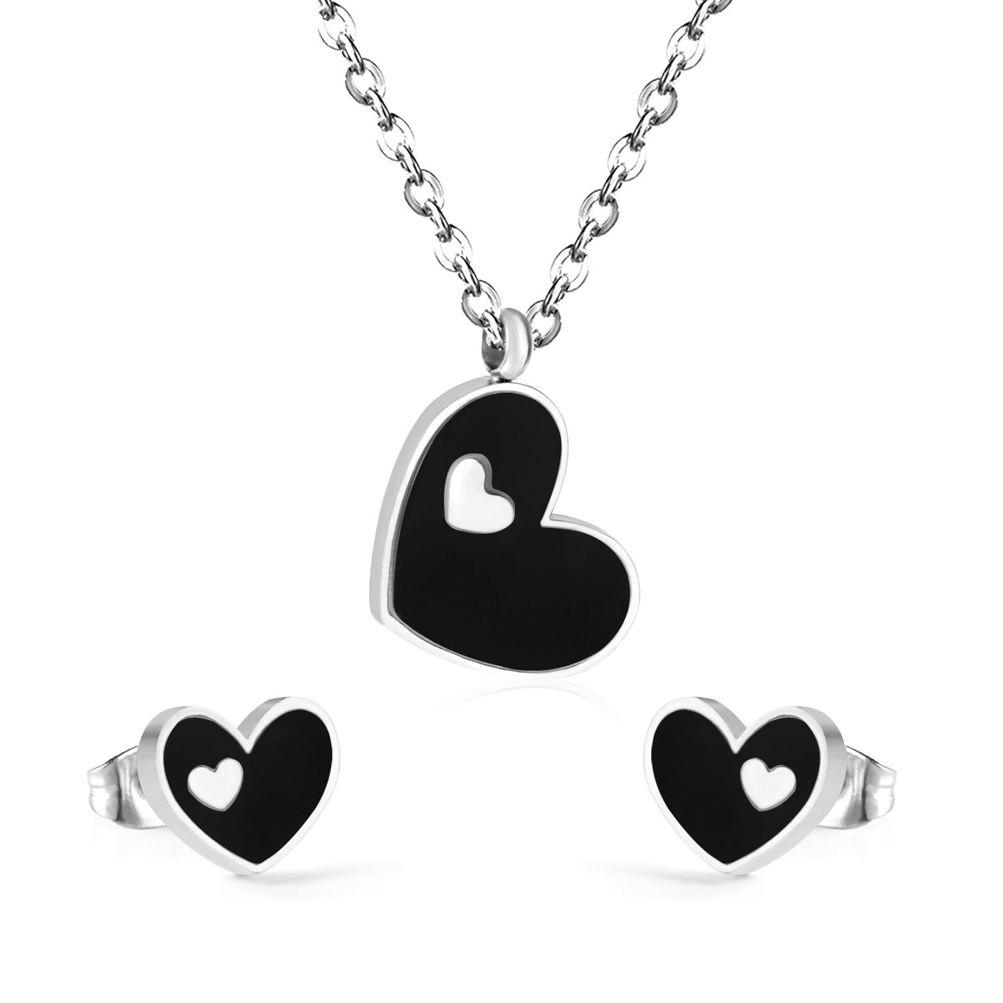 Sweet Heart Shape Stainless Steel Earrings Necklace 1 Set