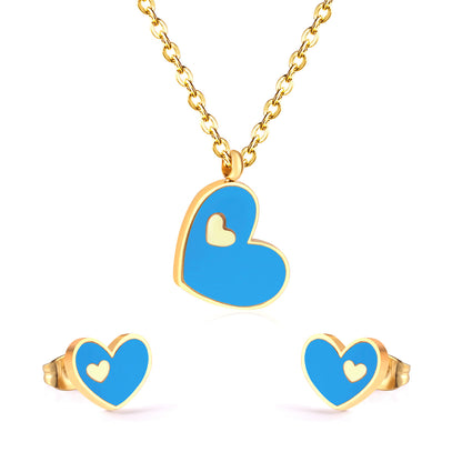 Sweet Heart Shape Stainless Steel Earrings Necklace 1 Set