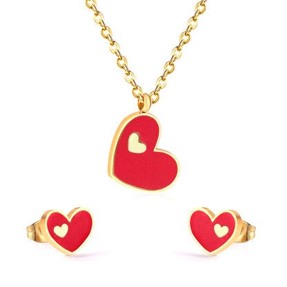 Sweet Heart Shape Stainless Steel Earrings Necklace 1 Set