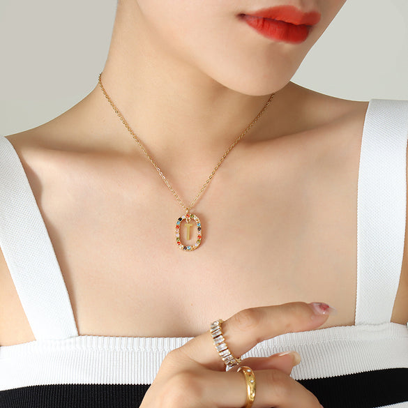 Ins Style Letter Oval Titanium Steel Inlay Zircon Necklace 1 Piece
