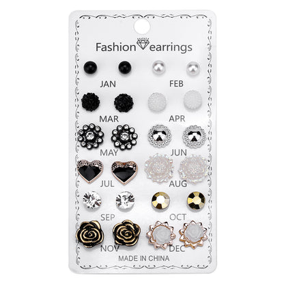 Fashion Geometric Rhinestone Women's Ear Studs 12 Pairs