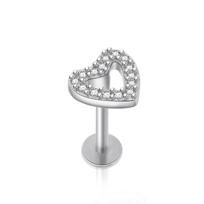 Simple Style Heart Shape Stainless Steel Hollow Out Zircon Lip Stud Ear Studs 1 Piece