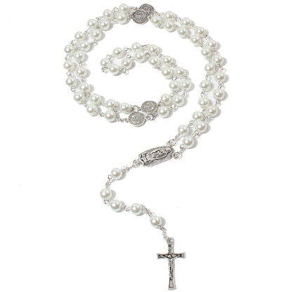 Fashion Cross Imitation Pearl Glass Beaded Pendant Necklace